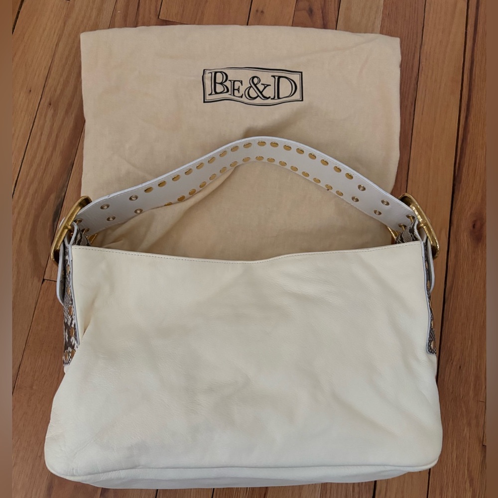 Be & D Off White Leather Clutch with Studded Snakeskin and Gold Hardware Handle. - Picture 4 of 8